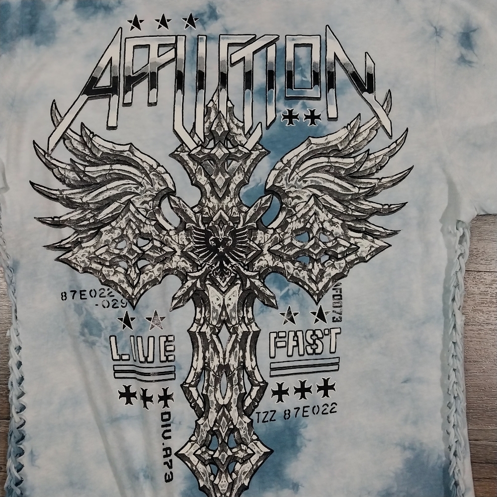 Affliction Shirt Womens L Iron Armada Blue Tie Dye Tee Live Fast Biker Punk Y2K - Picture 4 of 9